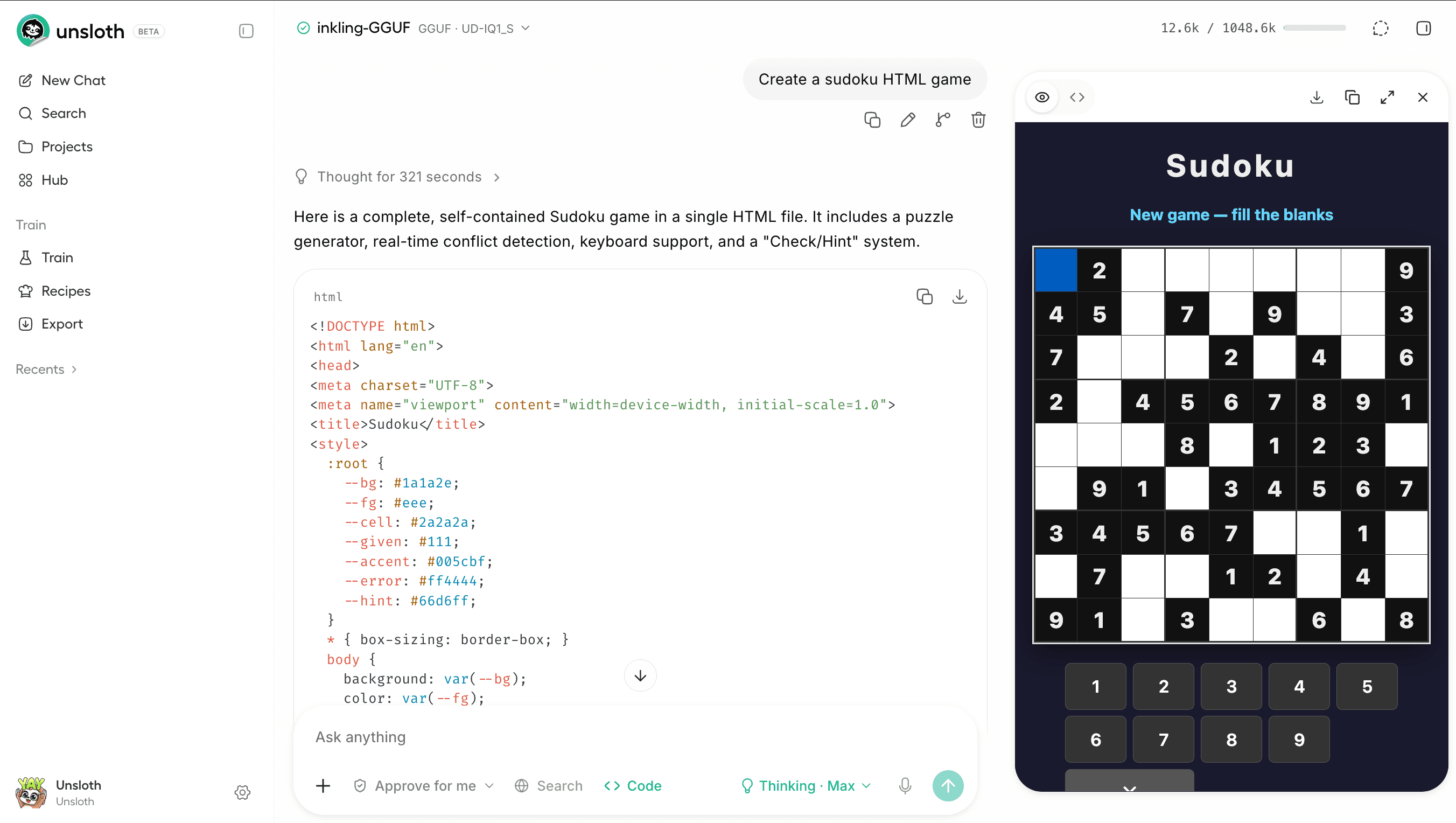 Inkling running in Unsloth Studio at aggressive quantization, source: Hugging Face launch post